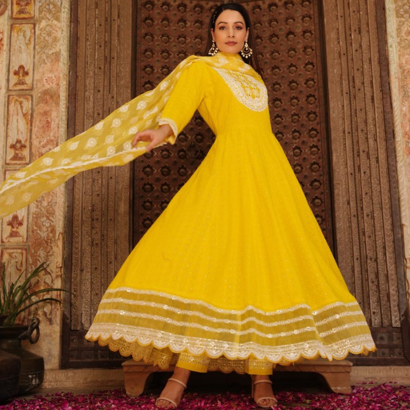 CHIKANKARI ANARKALI WITH PANT AND DUPATTA