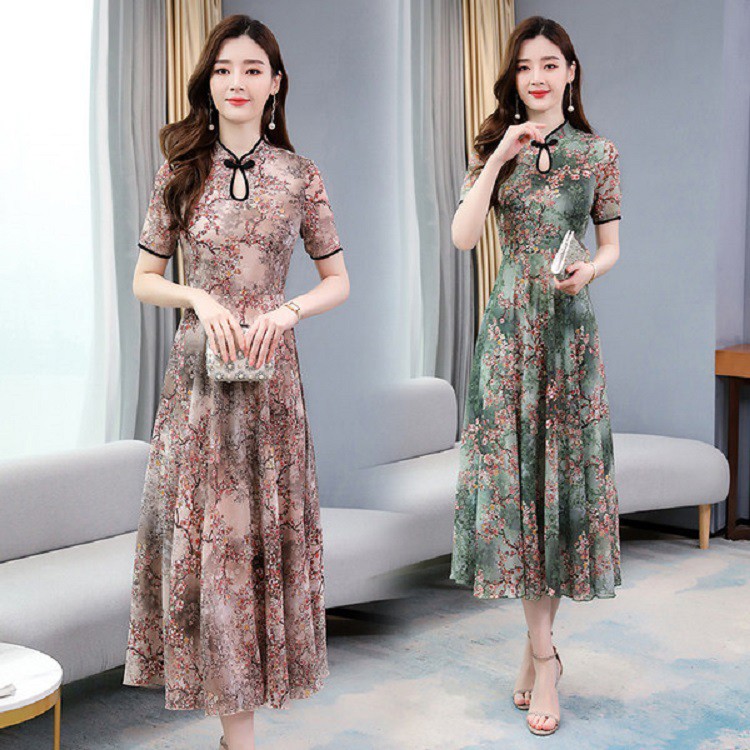 Summer Waist Waist Cheongsam Skirt New Short-sleeved Dress