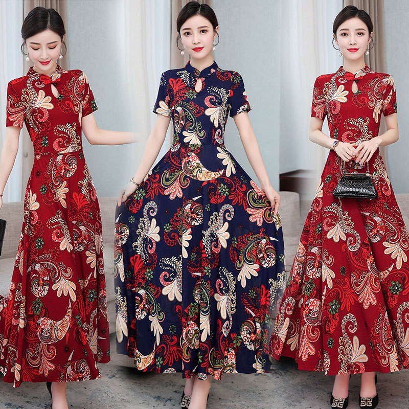 Summer Ice Silk Cheongsam Dress Ladies High Waist