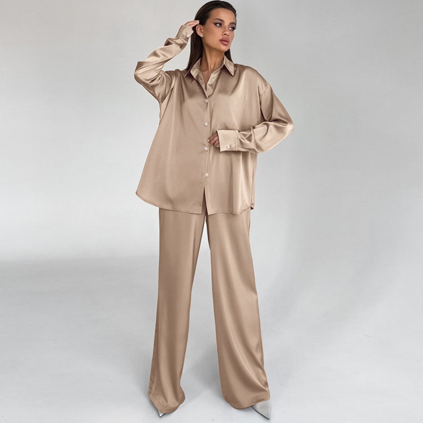Summer European And American Imitation Silk Pajamas Loose Long-sleeved Trousers Two-piece Set Fashion Can Be Worn Outside Cross-border Ladies Home Clothes