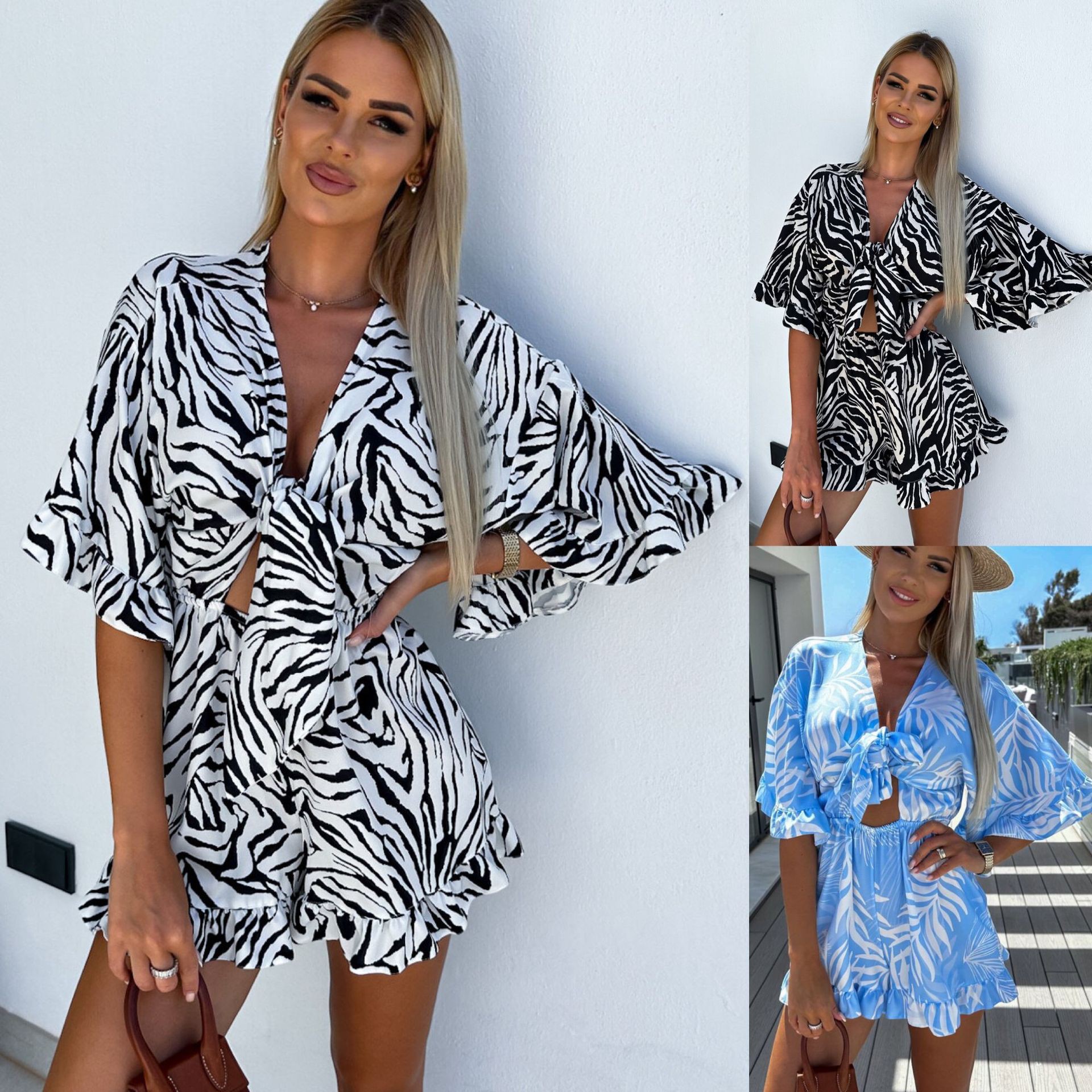 Summer Women's Zebra Pattern Printing Ruffled Sleeves Drop Shoulder Sleeves Jumpsuit