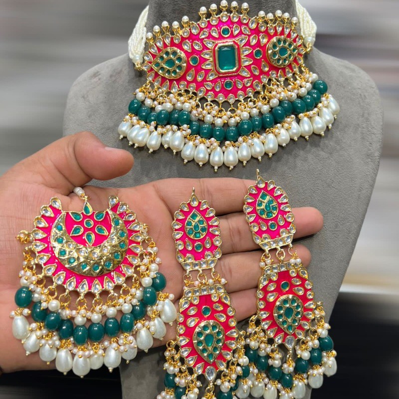 Red Meenakari Gold Plated Necklace with Earrings And Tika