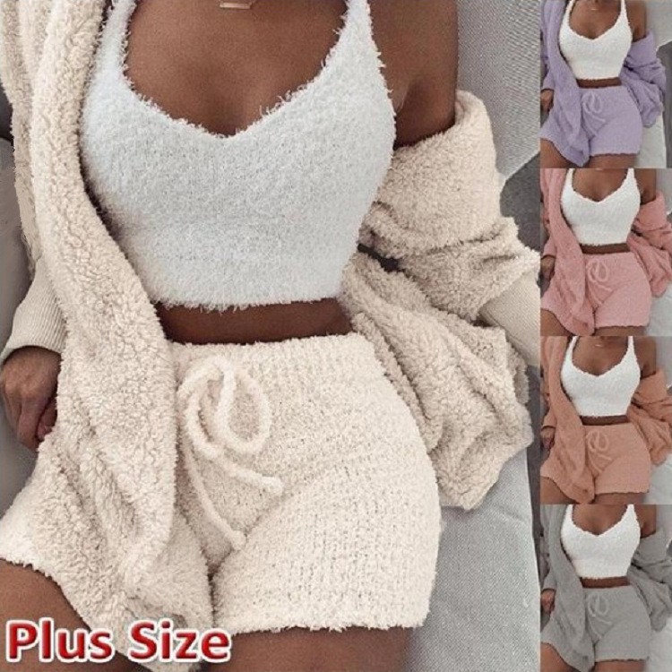 Winter Plush Homewear Leisure 3-piece Pajamas Long-sleeved Navel Vest Shorts Suit