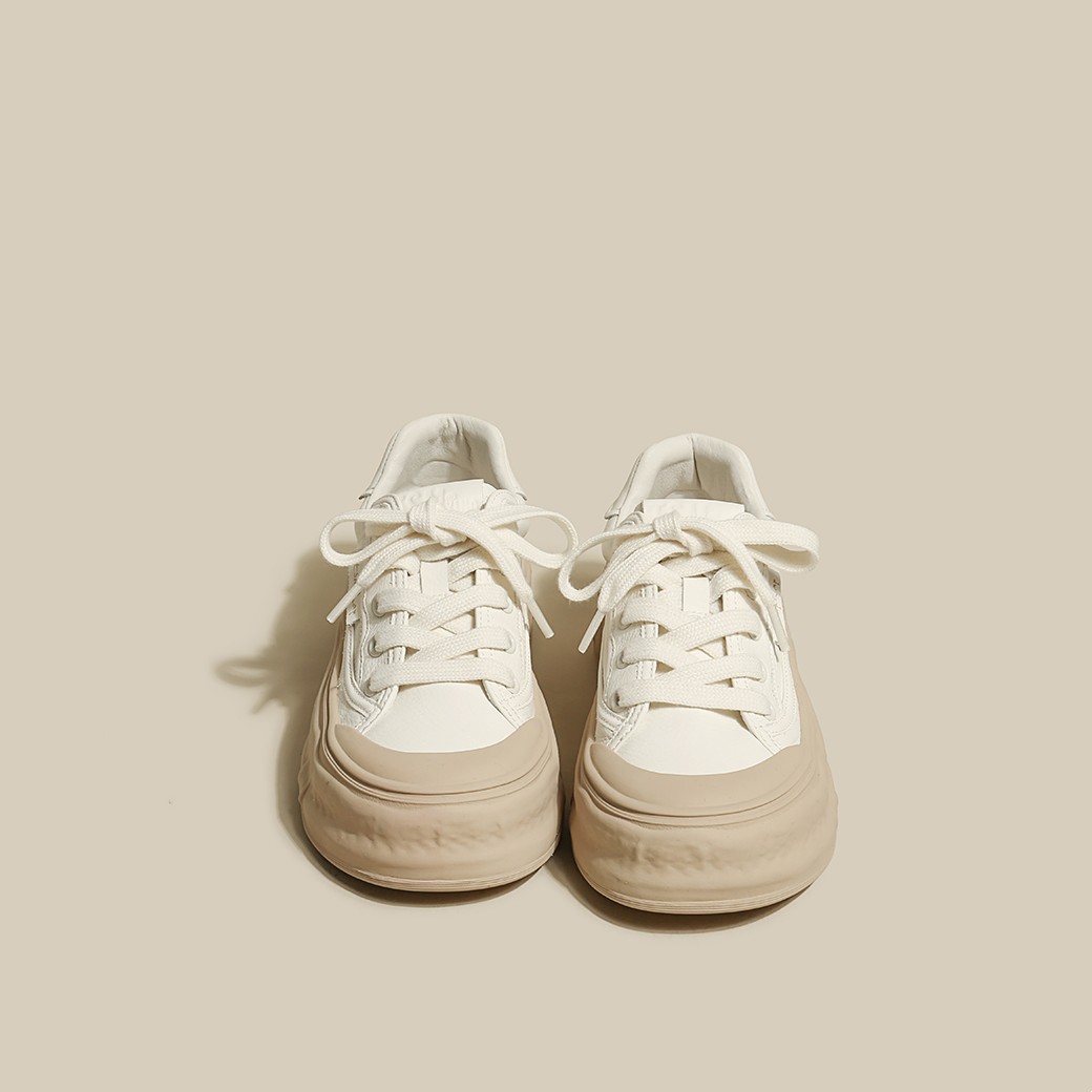 2023 Spring New Leather Round Toe Lace-up Sports And Leisure Sneakers Women's Muffin Thick-soled Simple White Shoes Single Shoes