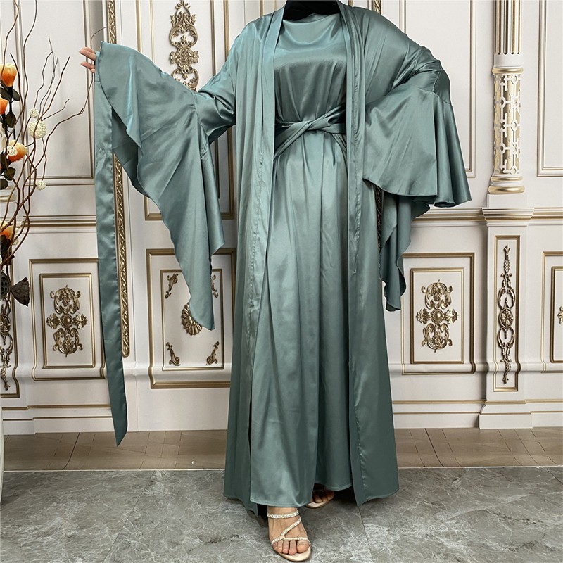 New Fashion Satin Long Sleeve Dress And Cardigan Jacket Set