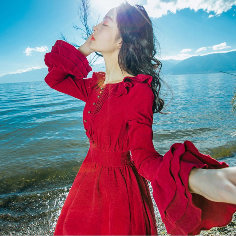 Spring And Autumn New Waist Slim Slim Corduroy Trumpet Sleeve Dress Literary Retro Big Swing Skirt