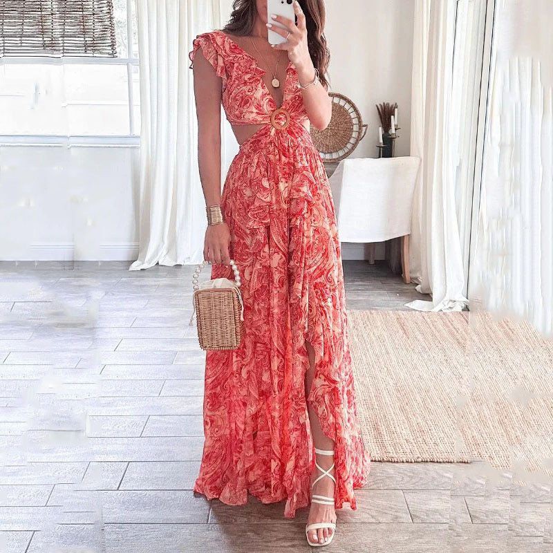 V Printed Sexy Long Dress