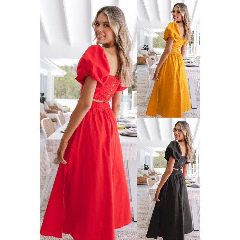Independent Station Cross-border Women's Clothing 2023 Spring And Summer New Foreign Trade Lantern Sleeve Square Collar Top Slit Dress Two-piece Set