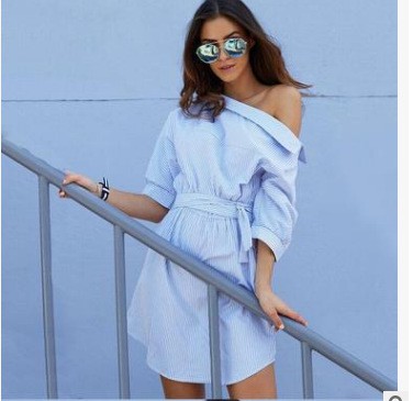 Ebay Amazon AliExpress European And American Hot Sale European And American Striped Belt Slanted Shoulder Shirt Dress