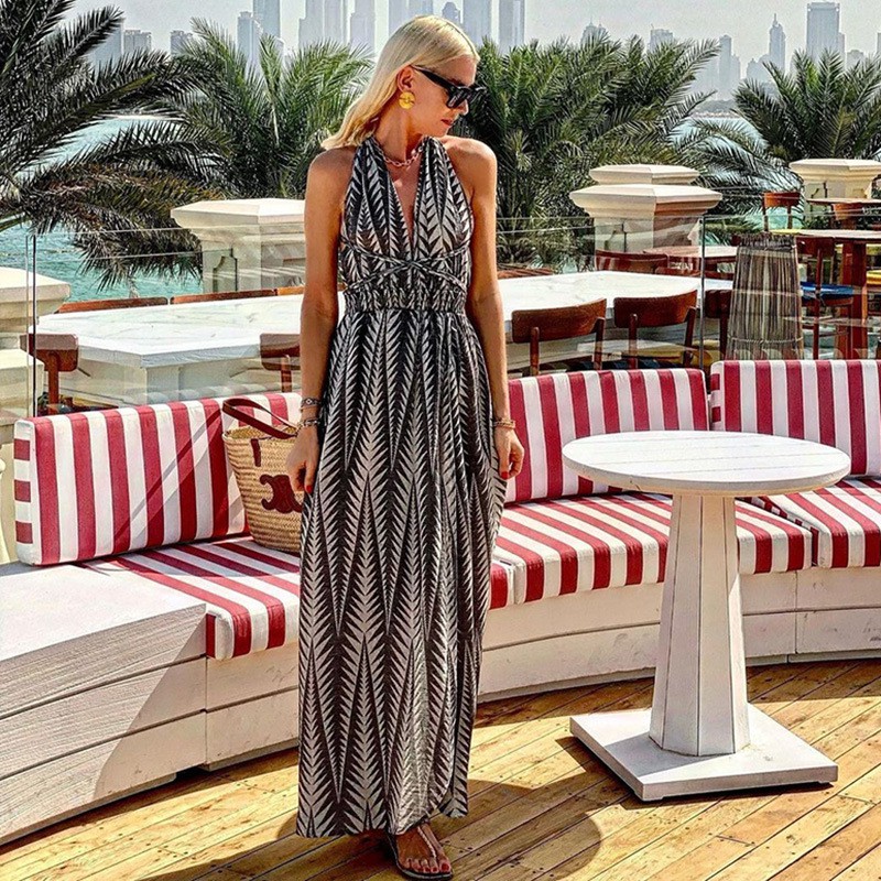 Cross-border New Fashion V-neck Waist Striped Tie Dress Sexy Holiday European And American Style Striped Long Skirt Women's Clothing