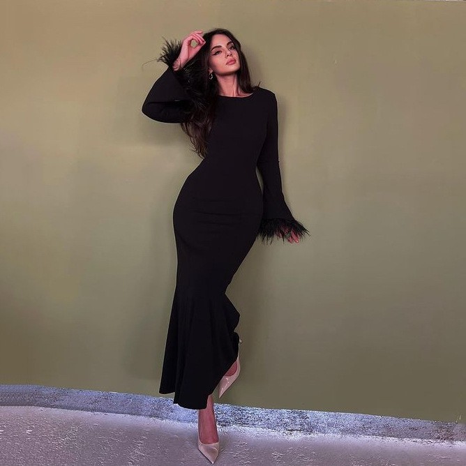 Feather Cuff Long Dress