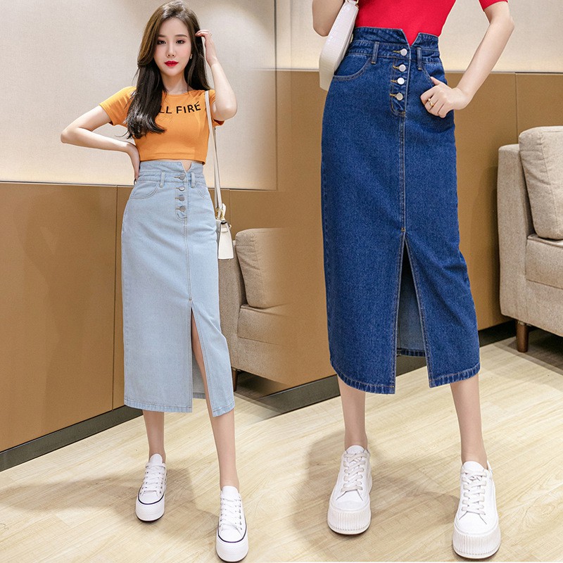 Skirt Women's Summer Dress Manufacturers' New Year's New Women's A-line Skirt Slim Mid-length High Waist Waist Tummy Slit Denim Skirt Women