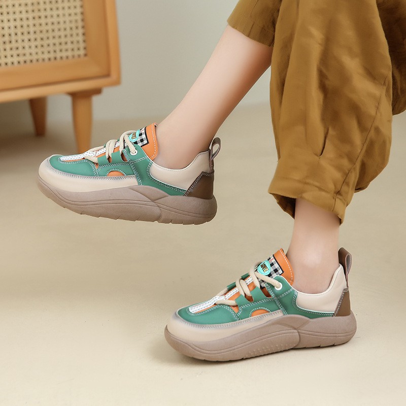Thick-soled Leather Women&amp;#039;s Shoes Spring And Autumn New Round Toe Casual Single Shoes Women&amp;#039;s Color Matching Comfortable Platform Sole Shoes