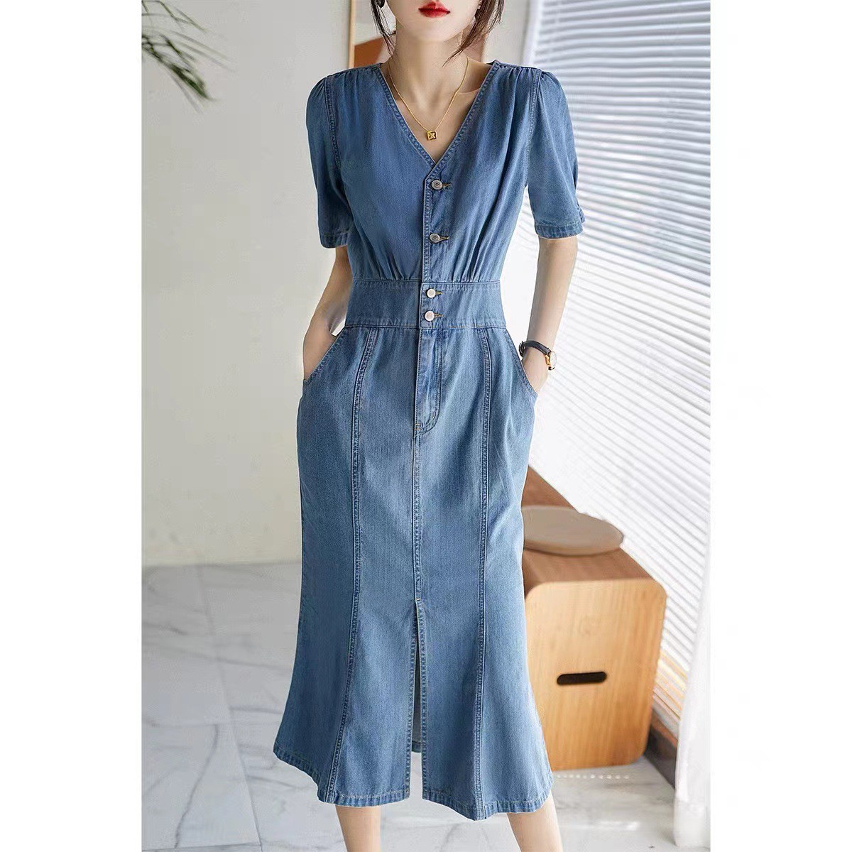 Summer New Style Thin Waist Elastic V-neck Modern Denim Dress Cotton Fashion Skirt