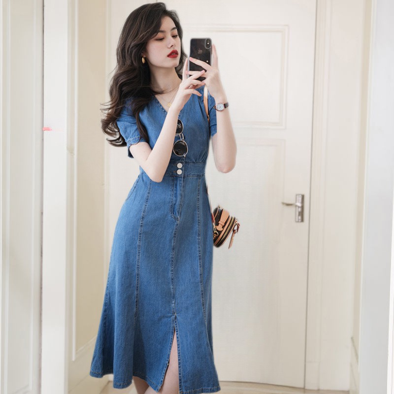 New French High-end Long Skirt Temperament Age-reducing Thin Section Waist Denim Dress Skirt