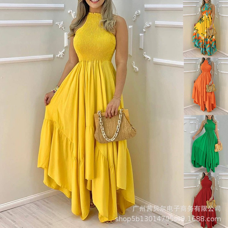 2021 European And American Yellow Sleeveless Crumpled Irregular Dress