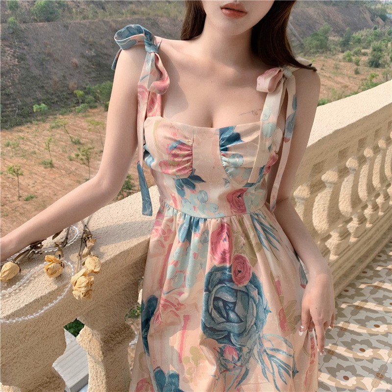 Strap Backless Suspender Rose Dress