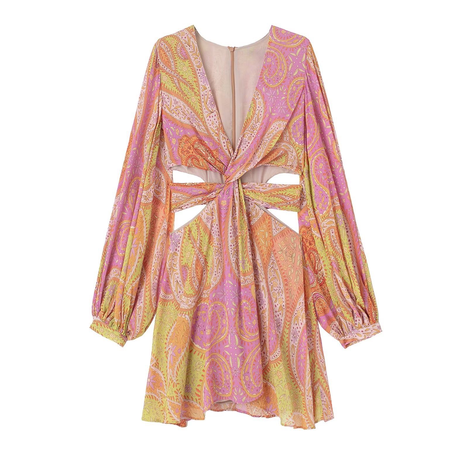 European And American Cross-border Foreign Trade Fashion Temperament Design Hollow Design Printing Dress Waist Slim Skirt