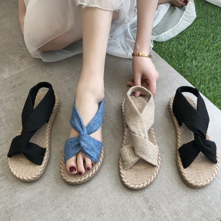New Sandals Women&amp;amp;amp;amp;#039;s Summer Outerwear Straw Woven Linen Roman Sandals Elastic Band Cross Flat Women&amp;amp;amp;amp;#039;s Shoes